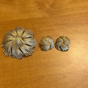 Gold Floral Brooch and Earring Set